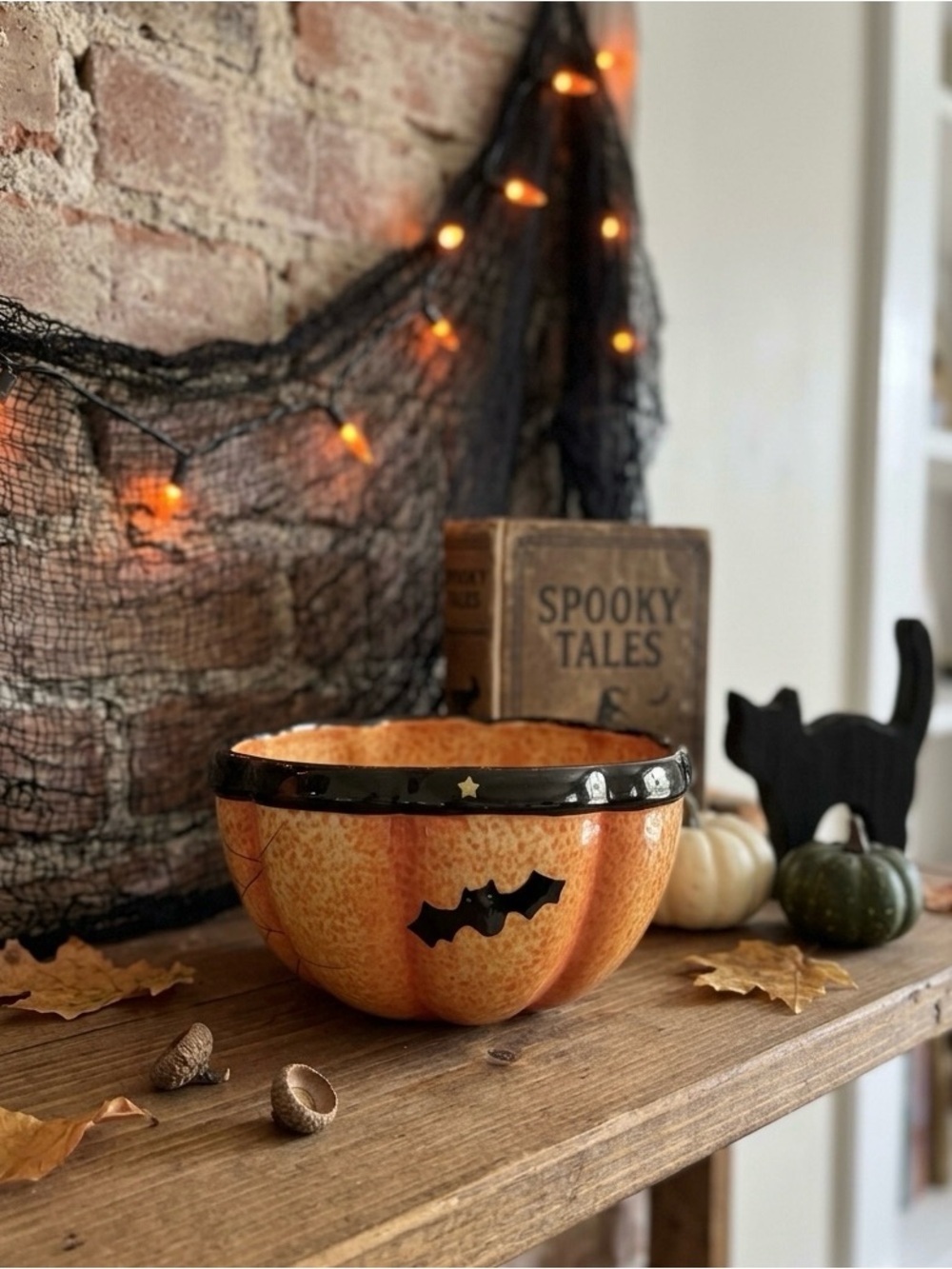 Vintage whimsy goth star Spiderweb bat crackle Ceramic Bowl/planter